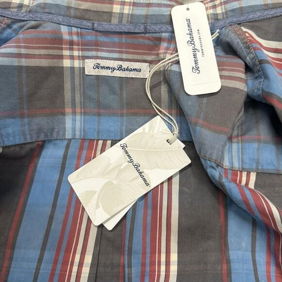 Tommy Bahama Men's XLT Fog Gray Distressed Fresno Plaid Reverse Print Shirt - Picture 10 of 10